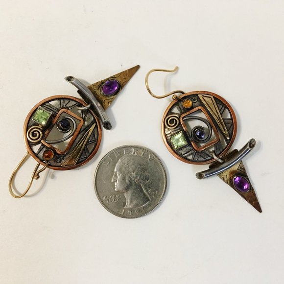 Peridot Amethyst Earrings Unique Mixed Metal Handcrafted Pierced Dangle New Gift - Picture 4 of 6